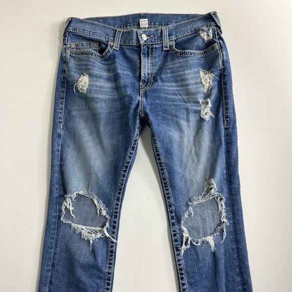 True Religion Men 36x34 Rocco No Flap Big T Relaxed Skinny Jeans Distressed ￼‎ - Picture 3 of 12
